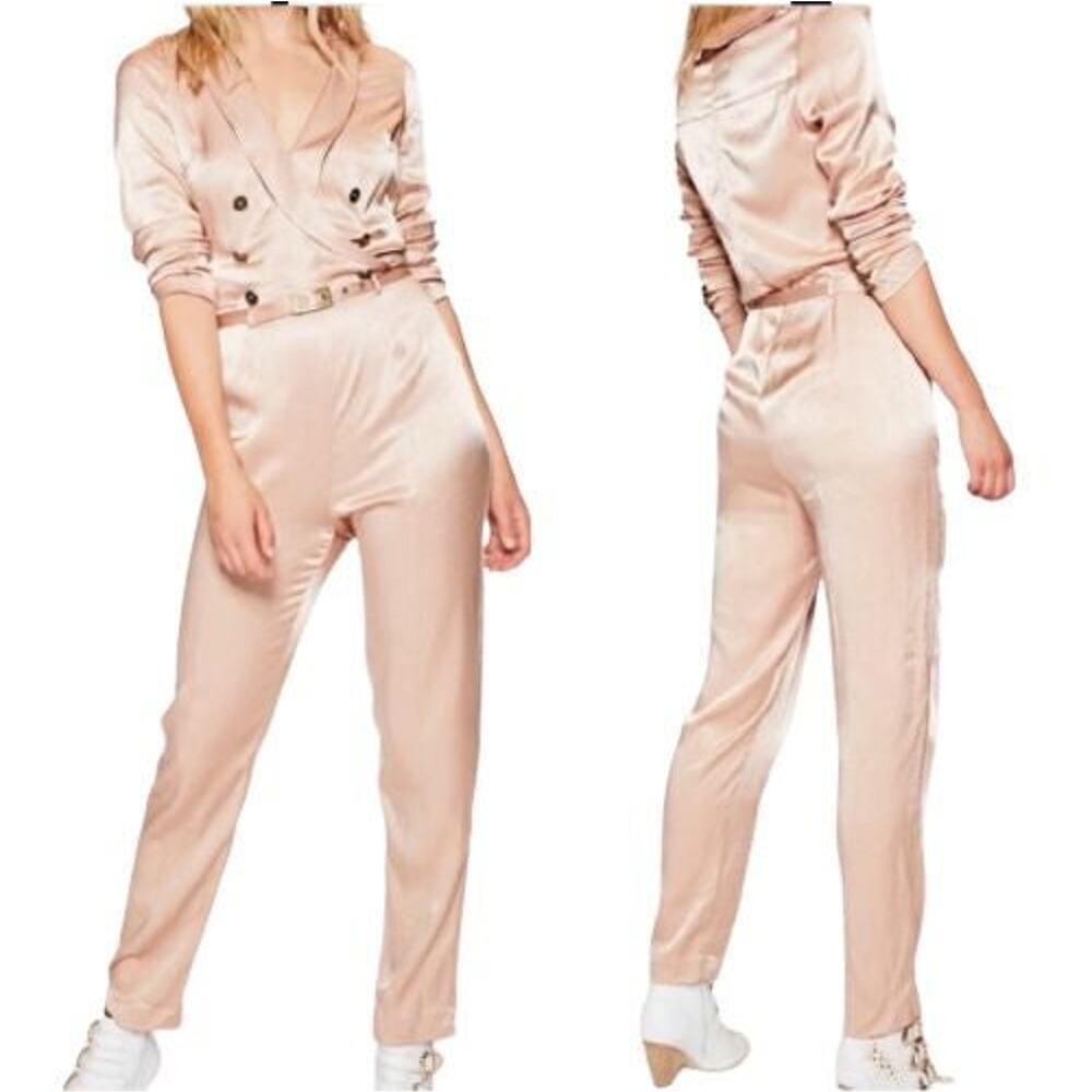 Free People Jumpsuit Womens Sz 8 Mystic Tan Pink Satin Silky Glam Festival Party